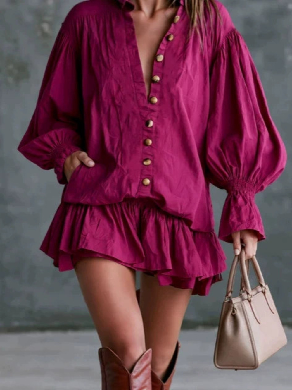 Vintage Rose Red Long Sleeve Ruffled Mini Dress